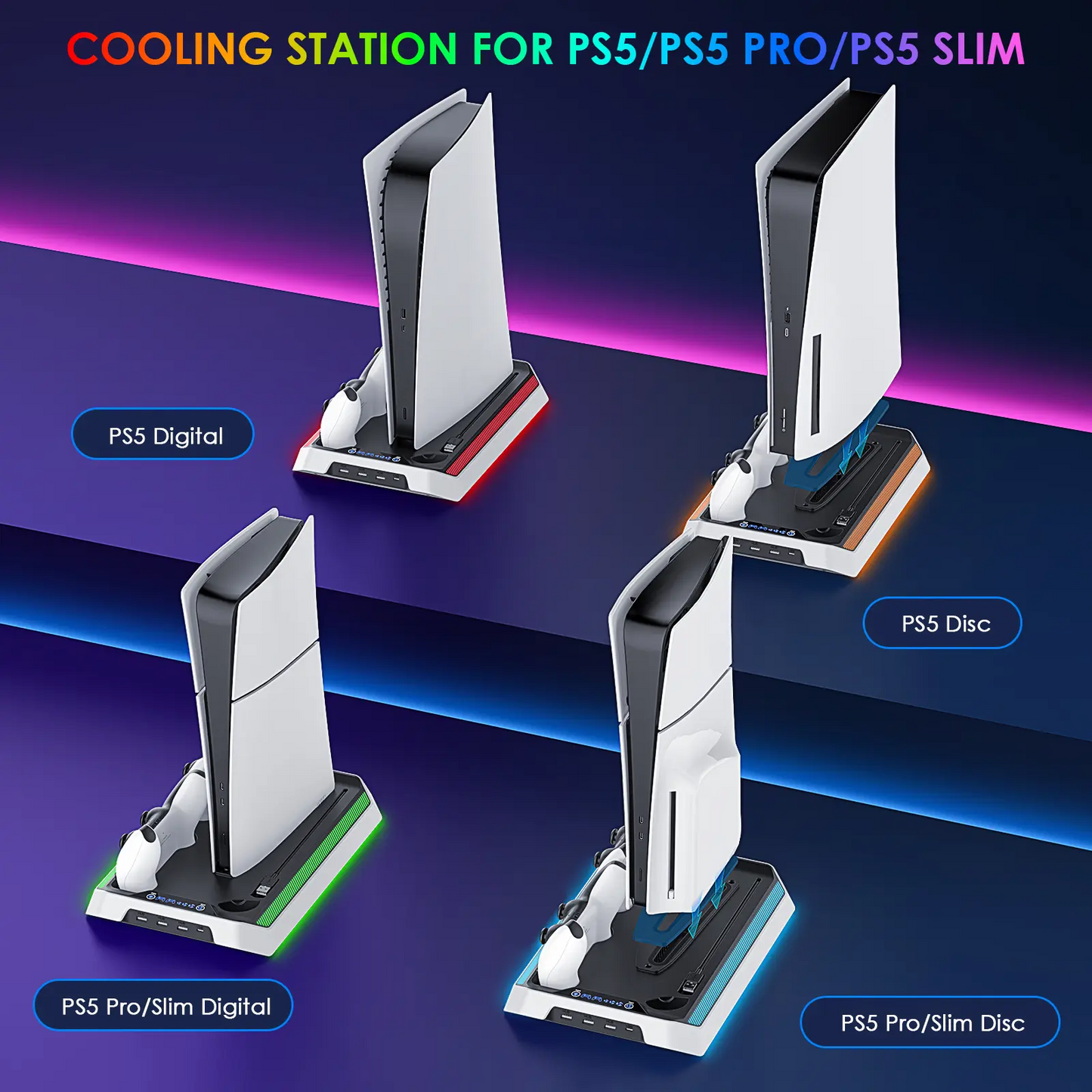 PS5 Cooling Station & Charging Dock | RGB Lights, Dual Controller Charger, USB Hub — Fits PS5 / Slim / Pro