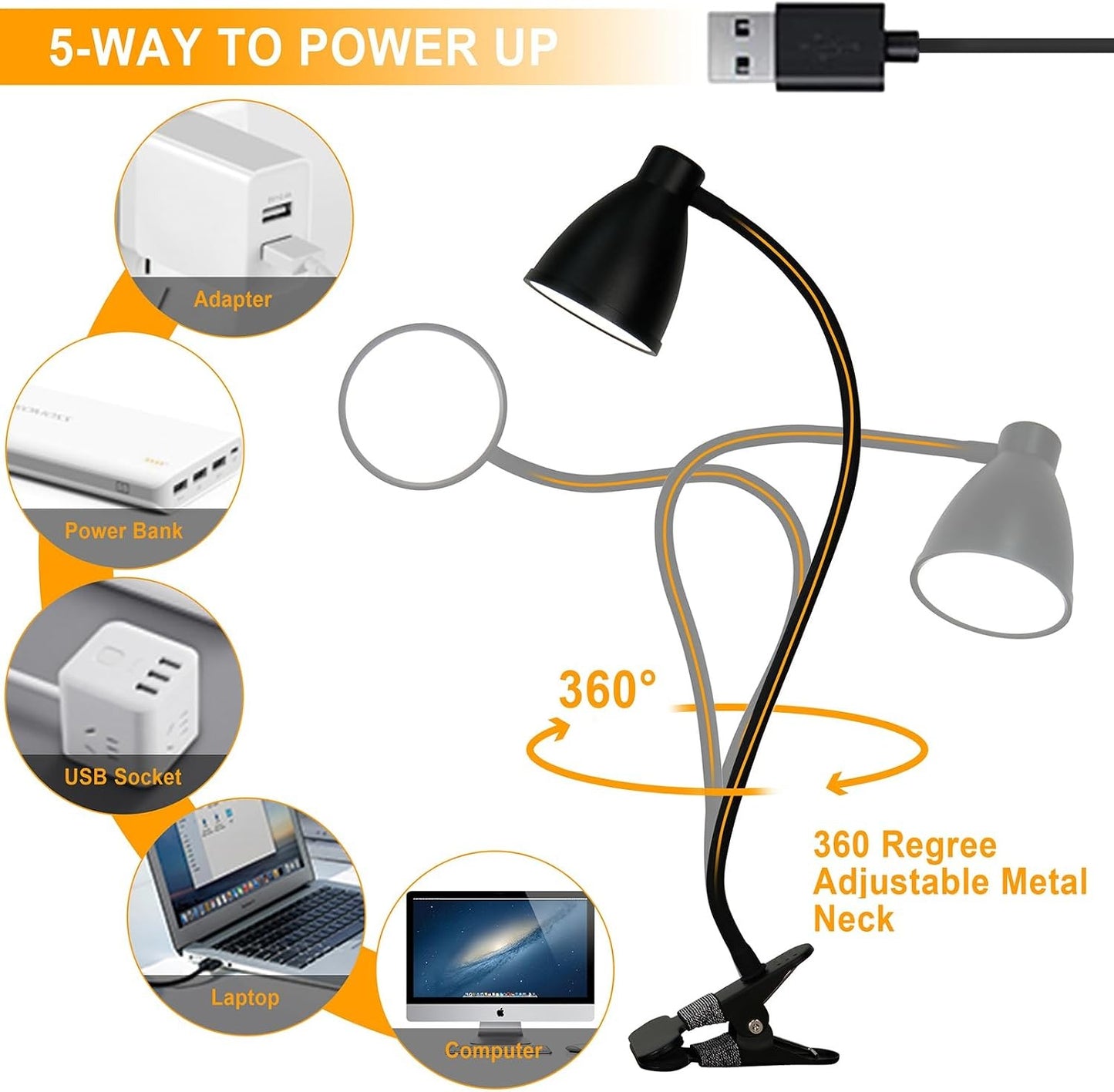 BOHON Clip-On Desk Lamp – 5 Color Modes, 10 Brightness Levels, Auto Timer, 360° Flexible Neck
