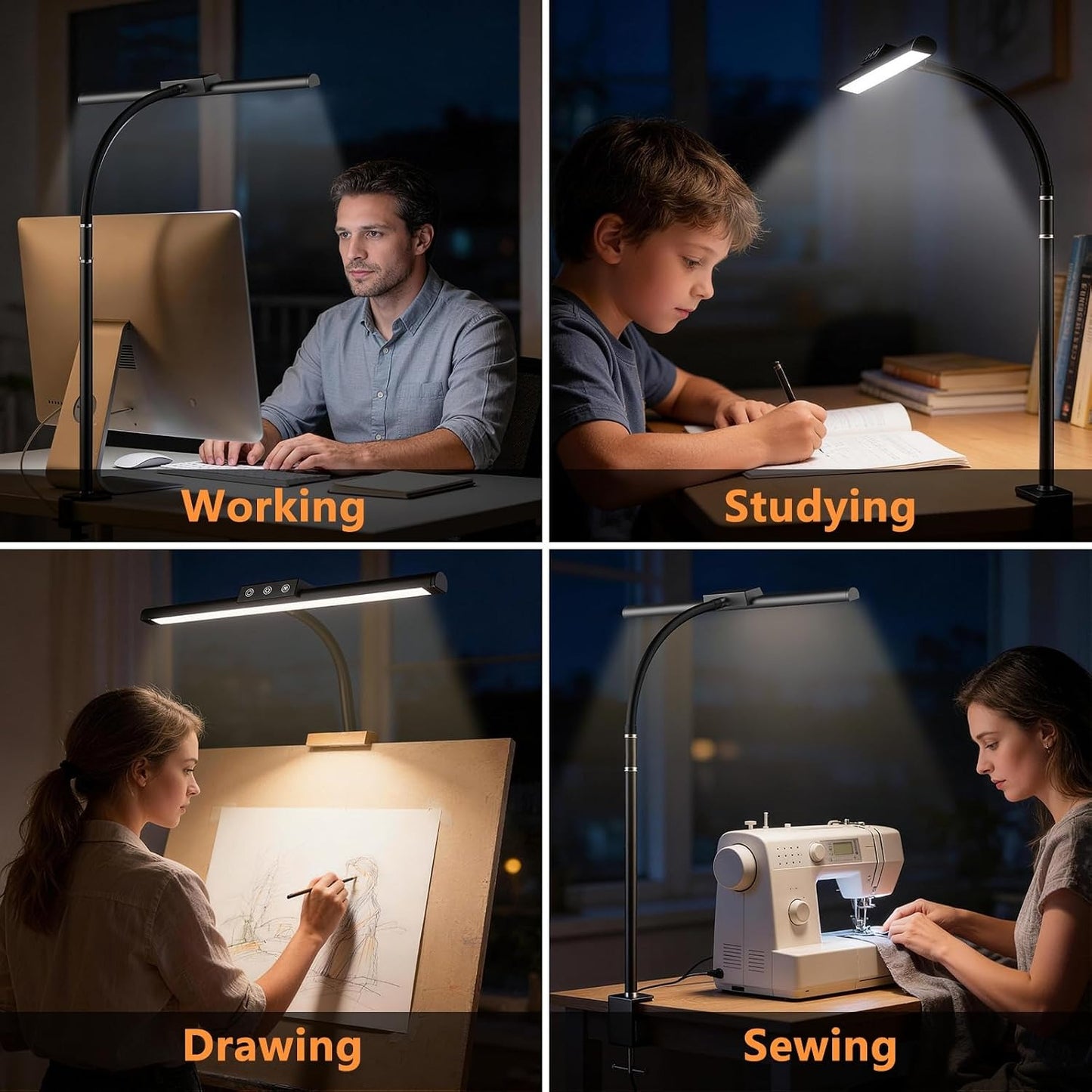LED Gooseneck Desk Lamp with Clamp – 5 Color Modes, Stepless Dimming, Touch Control, Eye-Care