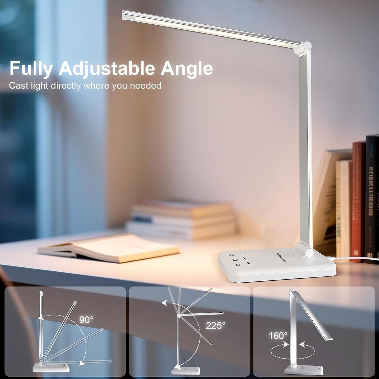 White Crown LED Desk Lamp – Dimmable, USB Charging, 5 Modes, 30/60 Min Timer, Touch Control