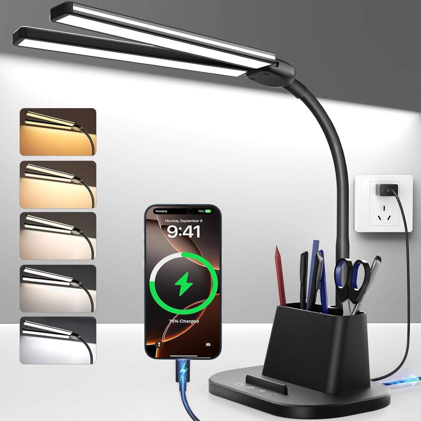 LED Desk Lamp with Clamp – 17" Dimmable, 2700K-6500K, 360° Gooseneck, Flicker-Free