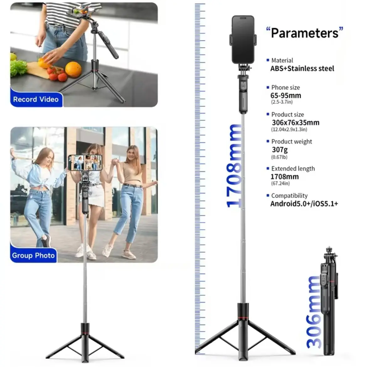 67" Phone Tripod & Selfie Stick | Aluminum, 360° Rotating, Bluetooth Remote | iPhone & Android
