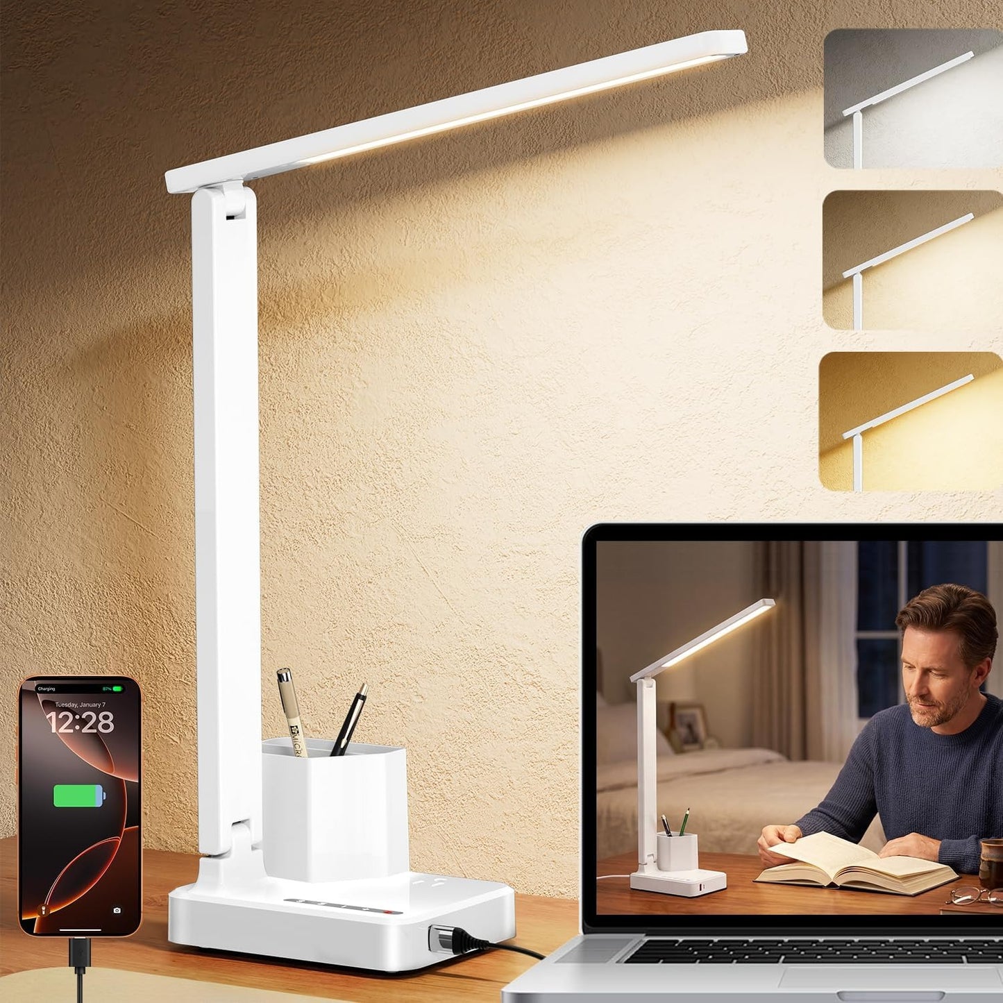 LED Desk Lamp with USB A/C, AC Outlet & Pen Holder – Adjustable, Compact Light for Dorm & Office