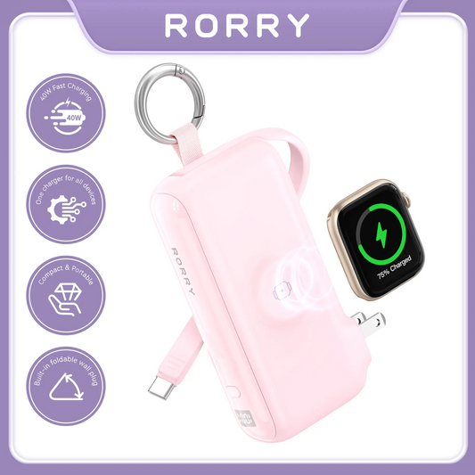 RORRY Flow 3-in-1 Portable Charger 10,000mAh | 40W Fast Charging Power Bank with Built-in USB-C Cable for iPhone 17/16/15, Apple Watch & iPad