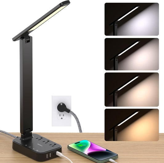 LED Desk Lamp with Power Strip – 3 Outlets, 4 USB Ports, 4 Modes, Touch Dimming