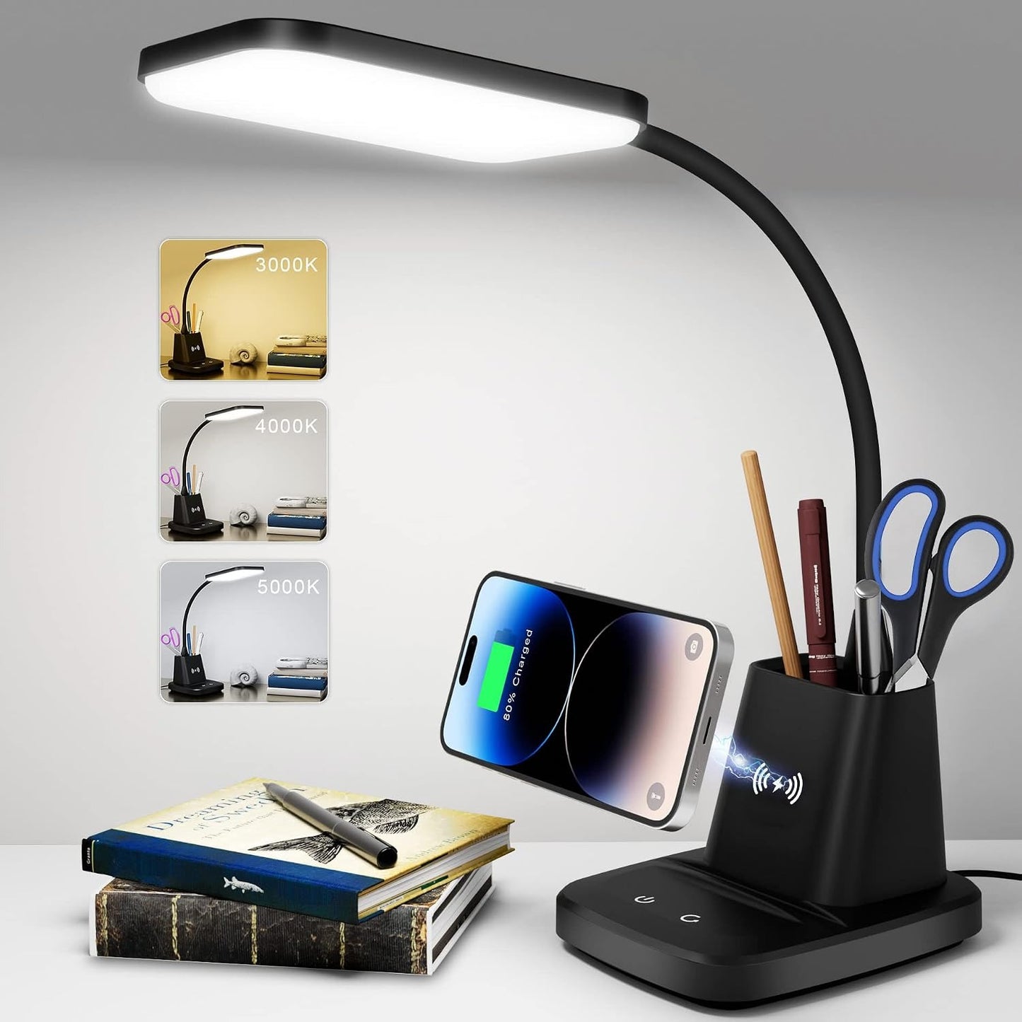 LED Desk Lamp with 10W Wireless Charging & Pen Holder – CRI 95, 800LM, 3 Modes, 360° Arm