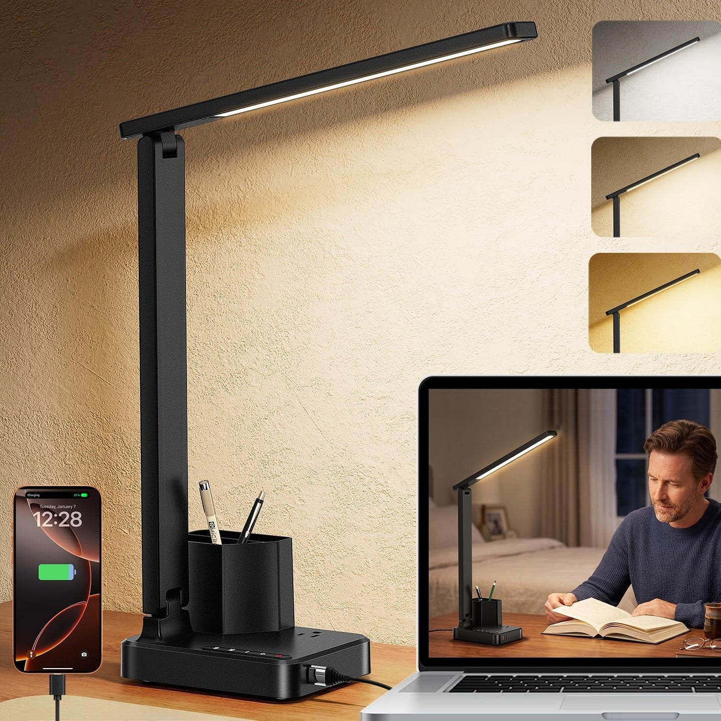 LED Desk Lamp with USB A/C, AC Outlet & Pen Holder – Adjustable, Compact Light for Dorm & Office