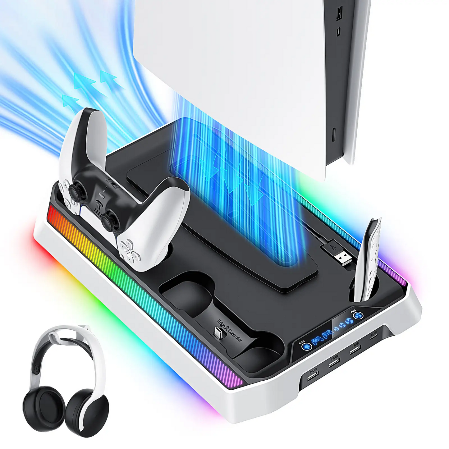 PS5 Cooling Station & Charging Dock | RGB Lights, Dual Controller Charger, USB Hub — Fits PS5 / Slim / Pro