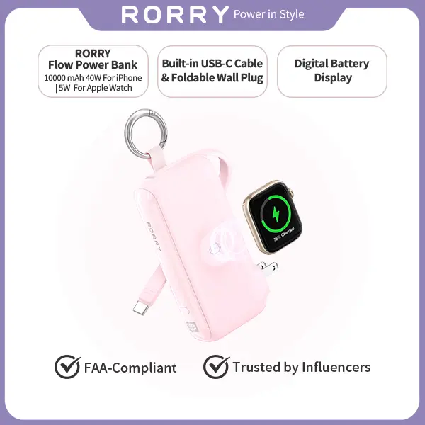 RORRY Flow 3-in-1 Portable Charger 10,000mAh | 40W Fast Charging Power Bank with Built-in USB-C Cable for iPhone 17/16/15, Apple Watch & iPad