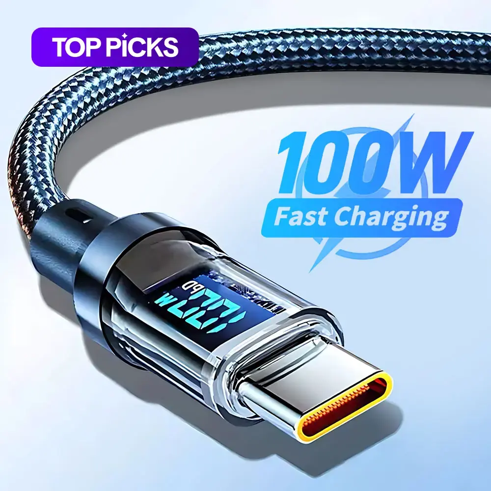 100W PD Fast Charging USB-C Cable | Digital Display, Nylon Braided | iPhone 15 & Android | 1M / 2M