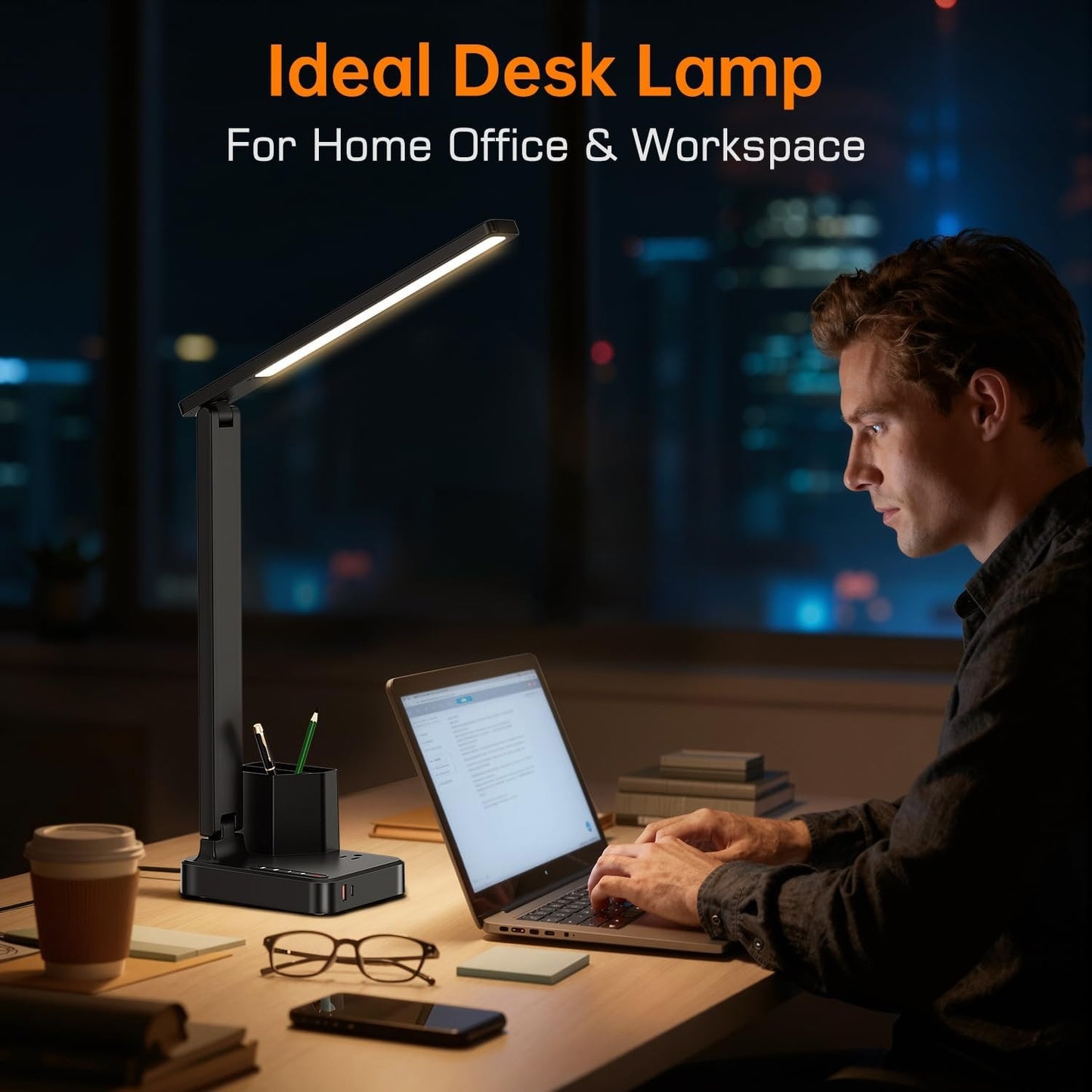 LED Desk Lamp with USB A/C, AC Outlet & Pen Holder – Adjustable, Compact Light for Dorm & Office