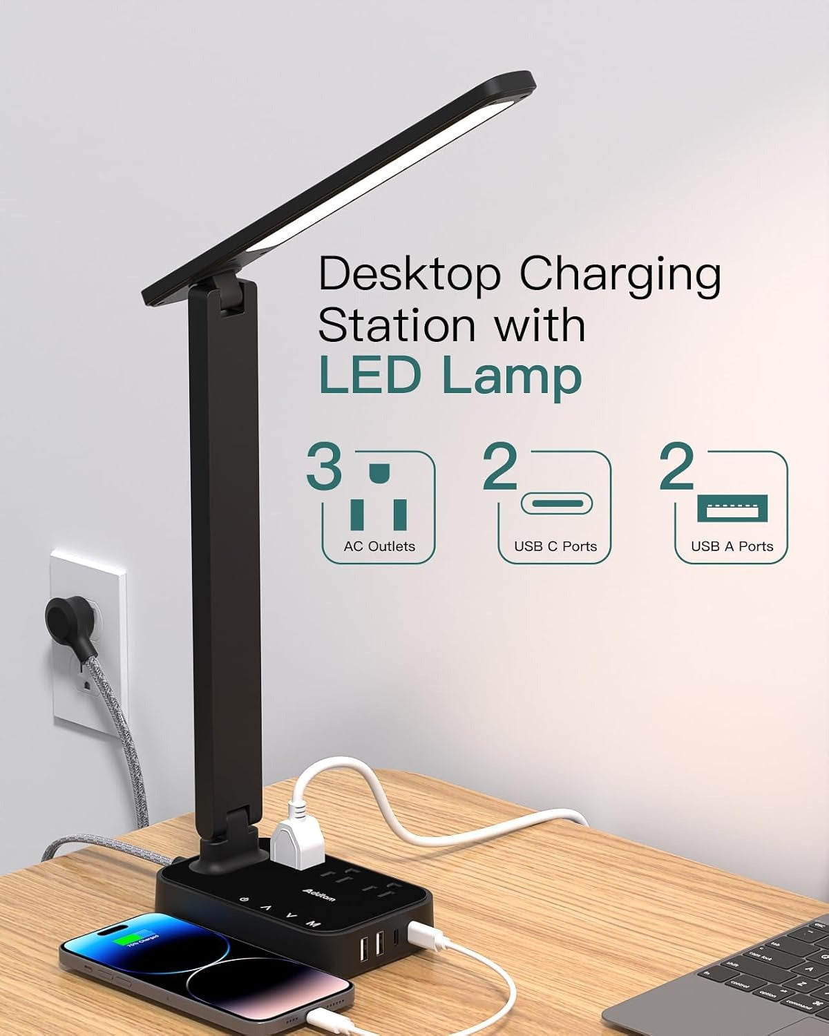 LED Desk Lamp with Power Strip – 3 Outlets, 4 USB Ports, 4 Modes, Touch Dimming