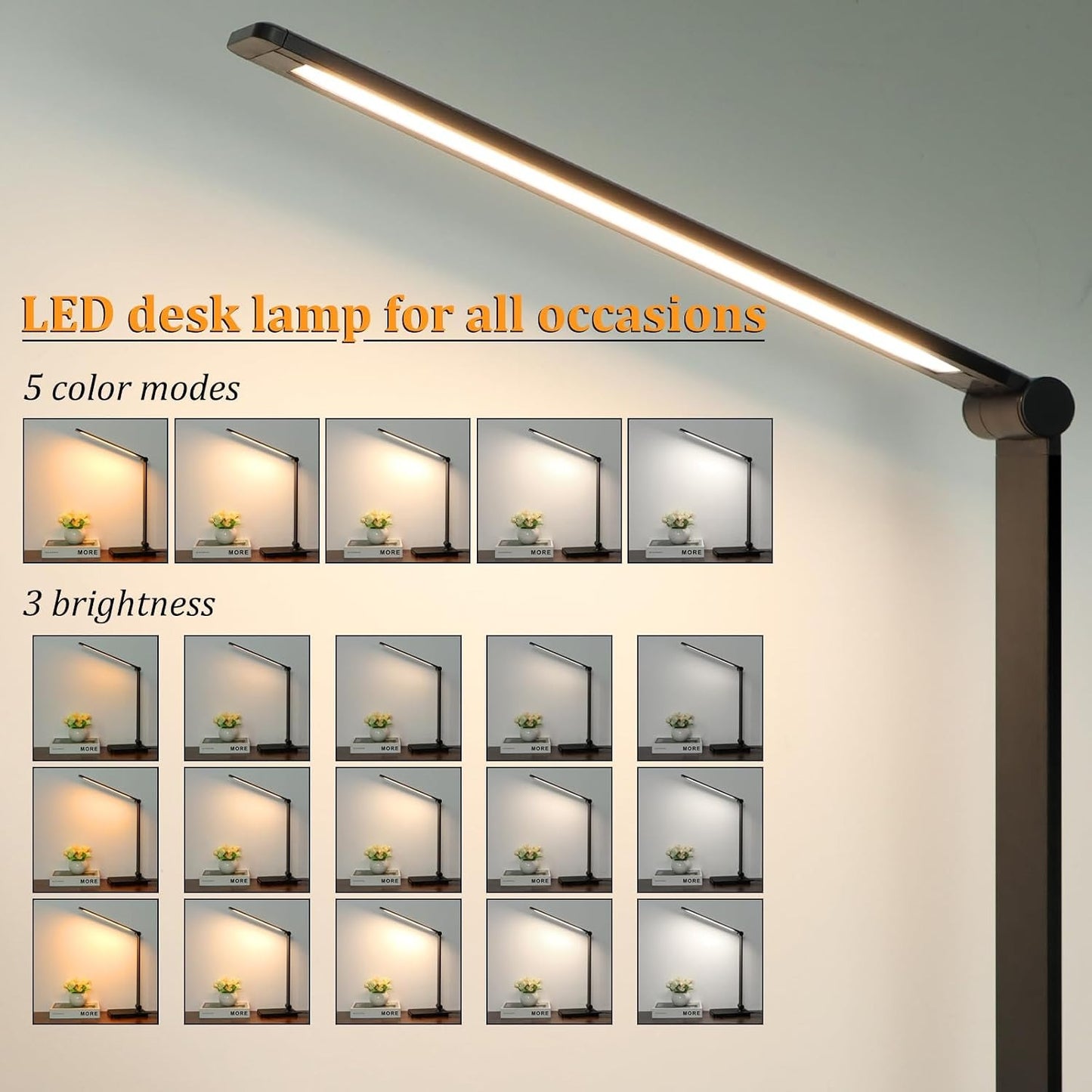 LED Desk Lamp with USB Ports – 5 Modes, 3 Brightness Levels, Touch Control, Night Light