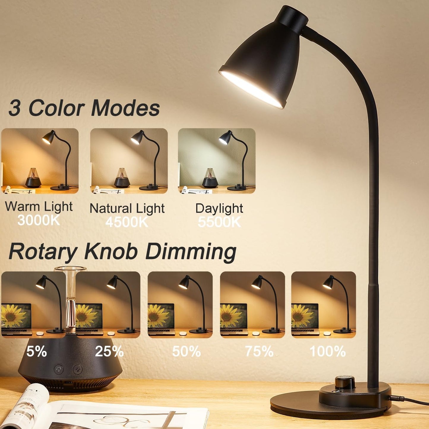 BOHON LED Desk Lamp with USB Charging – 3 Color Modes, Auto Dimming, Flexible Neck, Touch Control