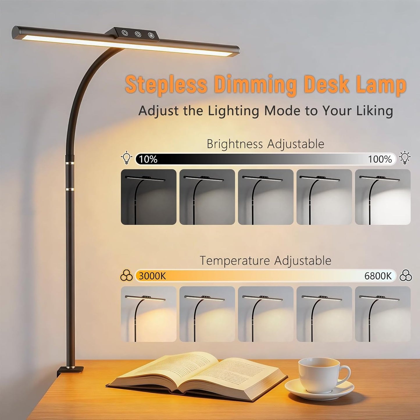LED Gooseneck Desk Lamp with Clamp – 5 Color Modes, Stepless Dimming, Touch Control, Eye-Care