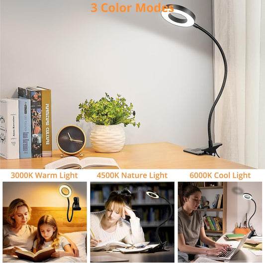 Woputne Clip-On Desk Lamp – 10 Brightness Levels, 3 Modes, Clamp Bedside Light for Reading & Study