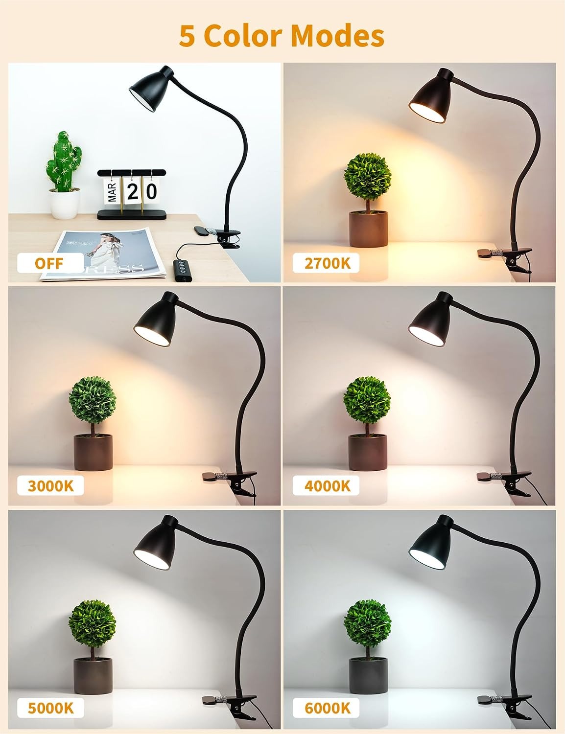 BOHON Clip-On Desk Lamp – 5 Color Modes, 10 Brightness Levels, Auto Timer, 360° Flexible Neck