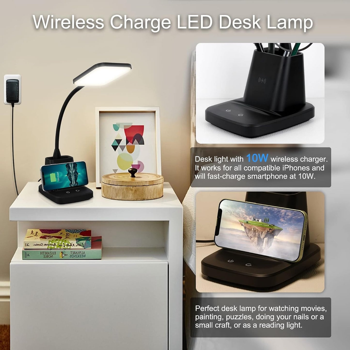 LED Desk Lamp with 10W Wireless Charging & Pen Holder – CRI 95, 800LM, 3 Modes, 360° Arm
