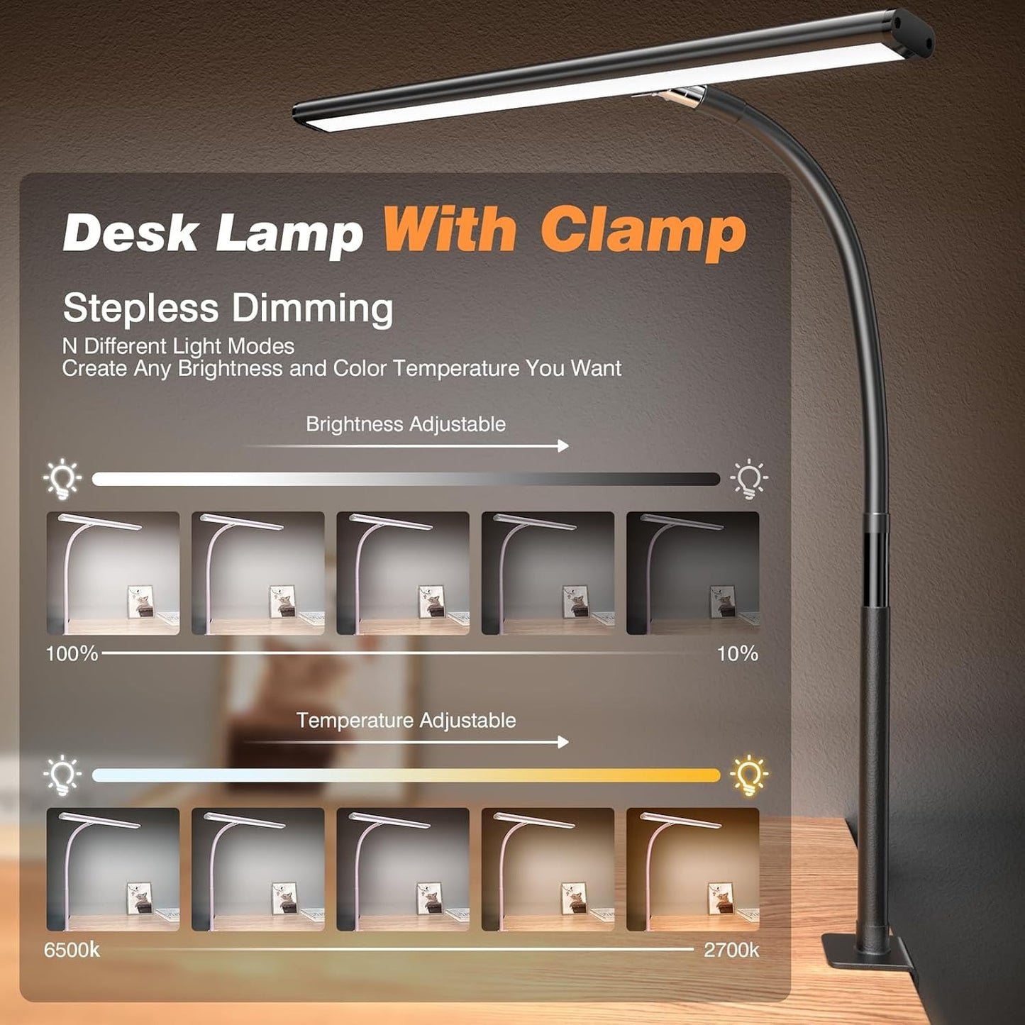 LED Desk Lamp with Clamp – 17" Dimmable, 2700K-6500K, 360° Gooseneck, Flicker-Free