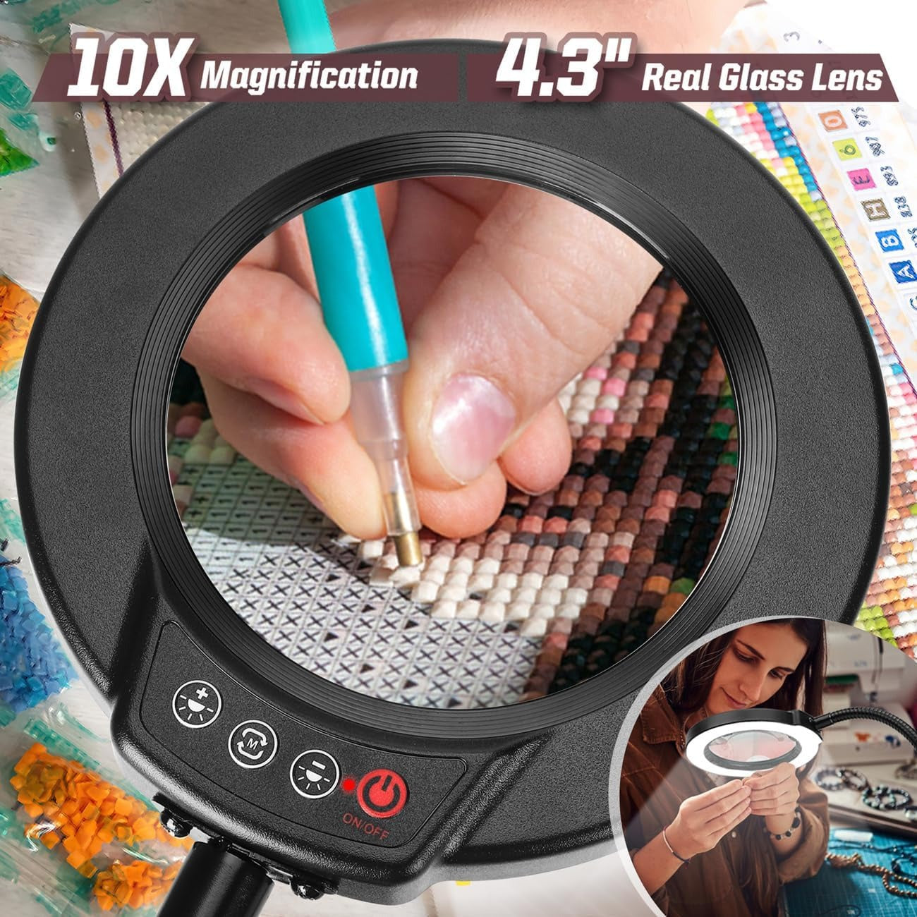 10X Magnifying Glass with Light & Stand – 5 Color Modes, Stepless Dimming, Flexible Gooseneck, Hands-Free