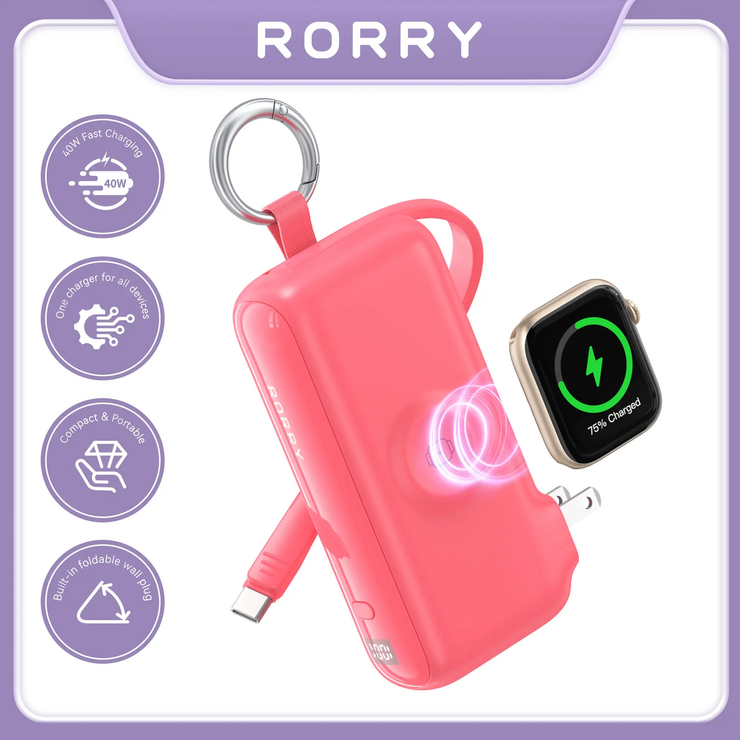 RORRY Flow 3-in-1 Portable Charger 10,000mAh | 40W Fast Charging Power Bank with Built-in USB-C Cable for iPhone 17/16/15, Apple Watch & iPad