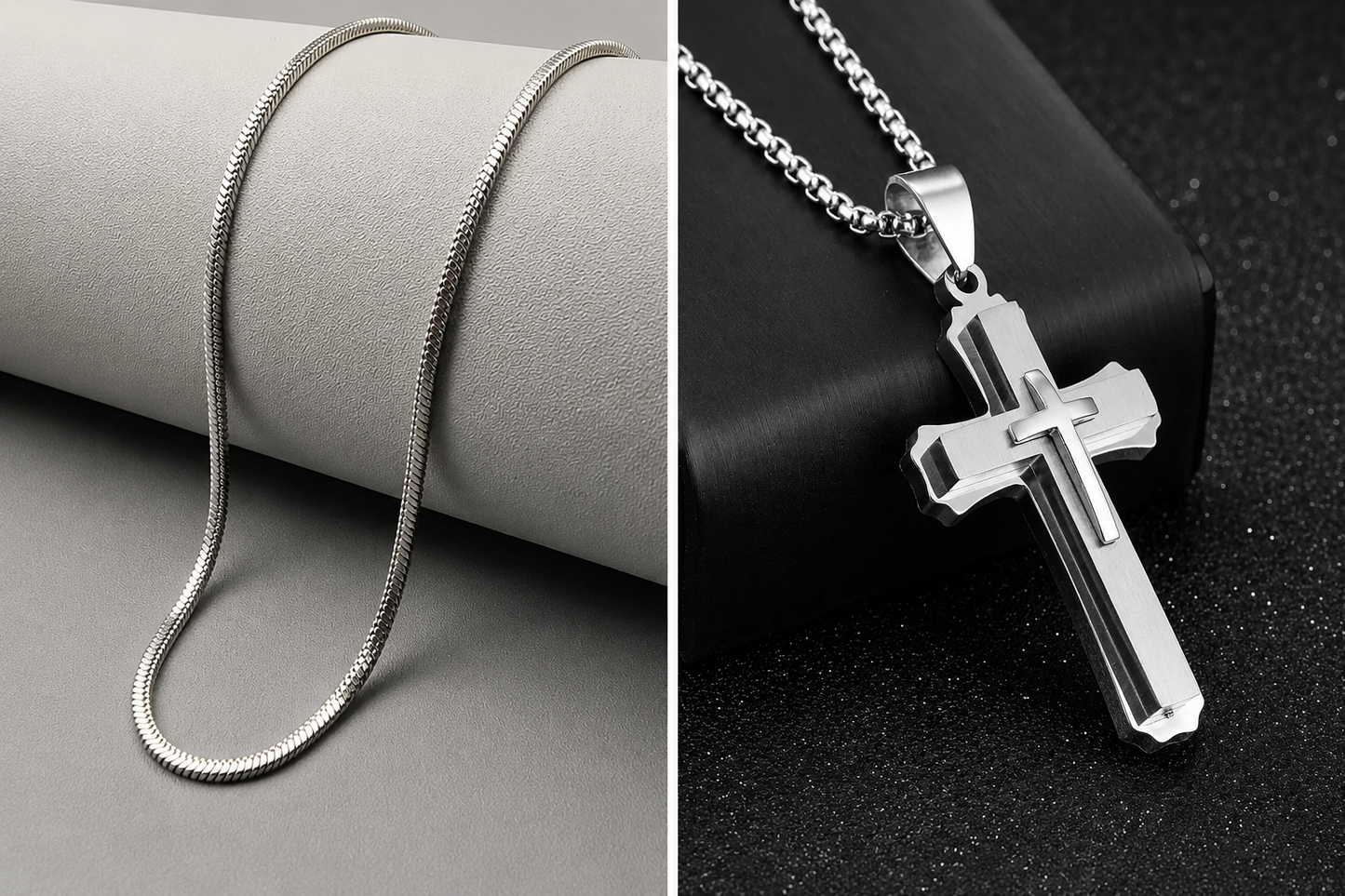 Snake Chain Necklace Set | Cross, Layered & Two-Tone Pendant Styles | Silver & Gold | 5 Combo Options