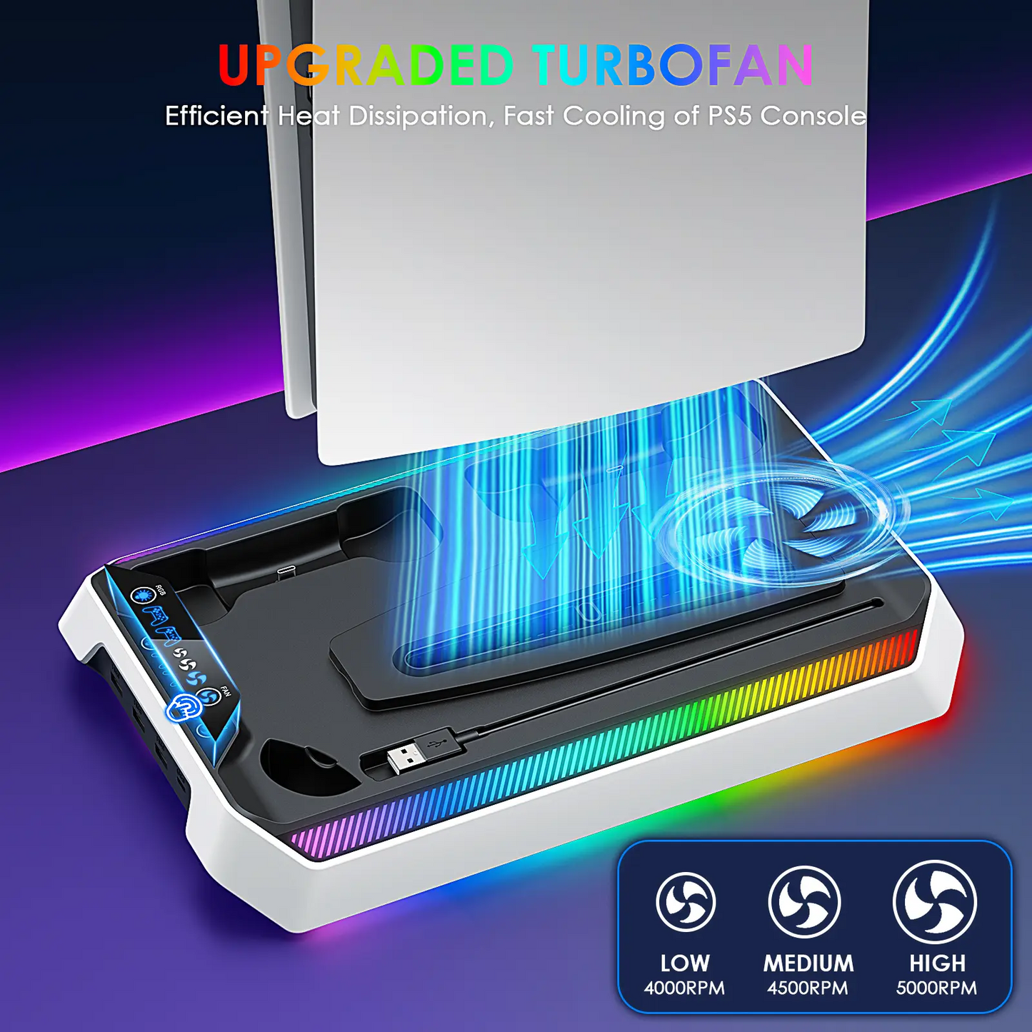 PS5 Cooling Station & Charging Dock | RGB Lights, Dual Controller Charger, USB Hub — Fits PS5 / Slim / Pro