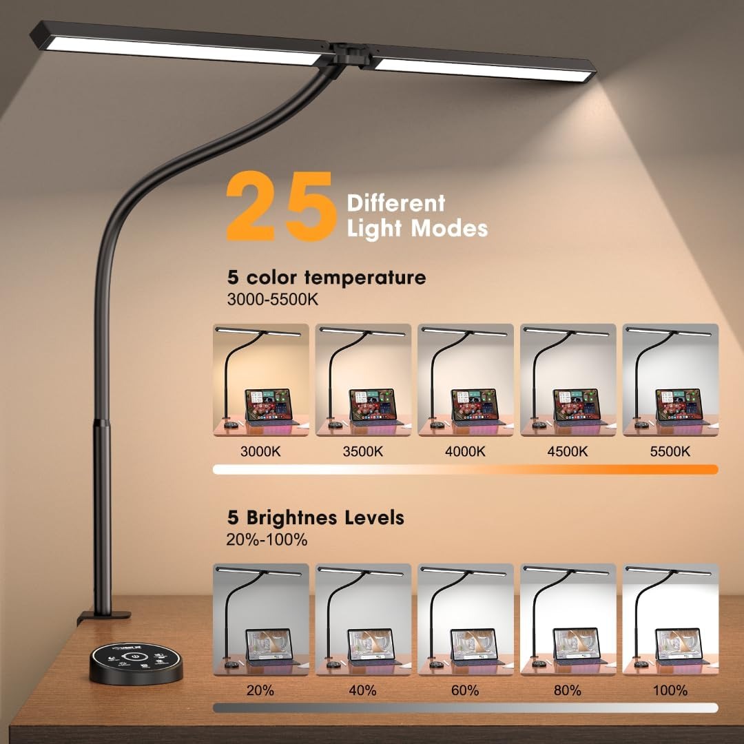 LED Architect Desk Lamp – 24W, 5 Color Modes, Clamp, Dual Screen Light for Office & Study