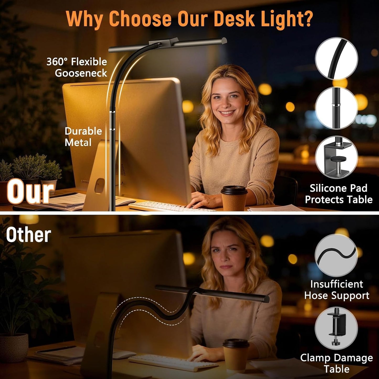 LED Gooseneck Desk Lamp with Clamp – 5 Color Modes, Stepless Dimming, Touch Control, Eye-Care