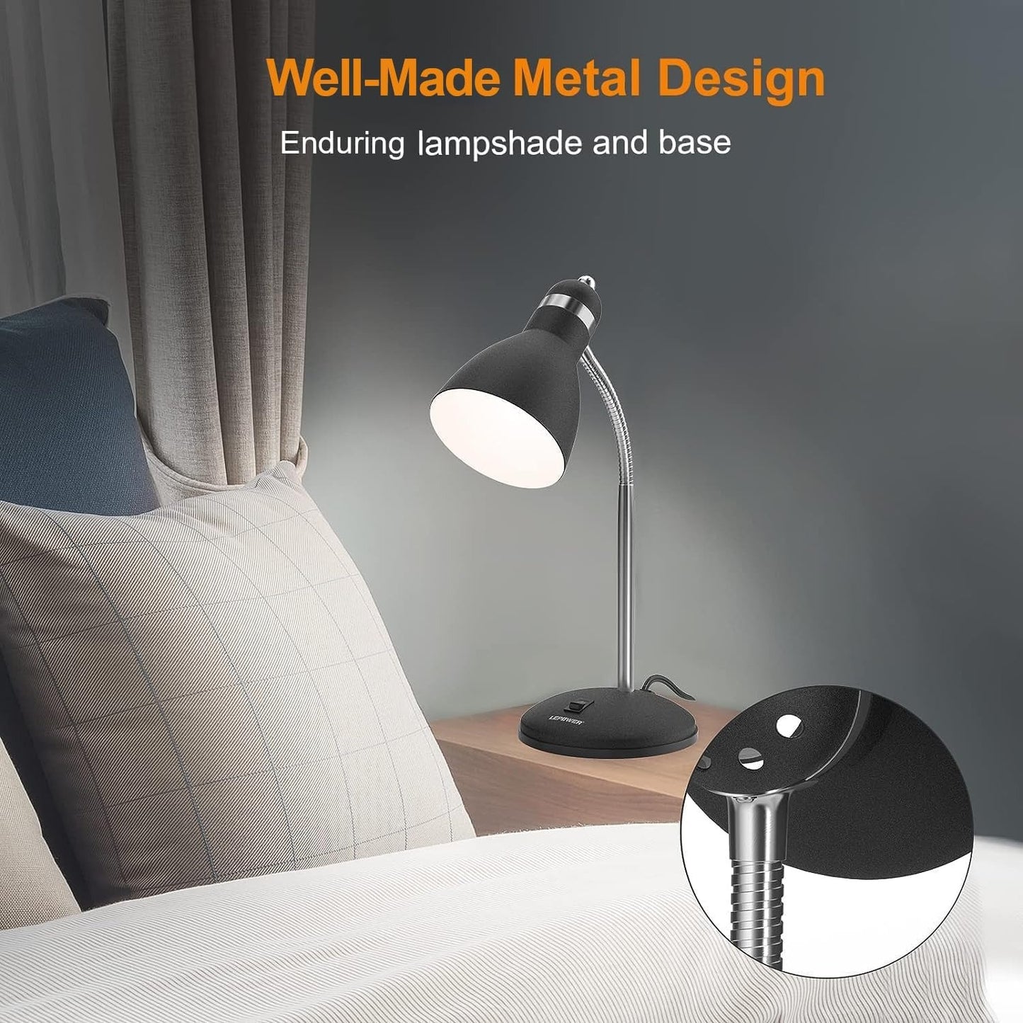 LEPOWER Metal Desk Lamp – Adjustable Gooseneck, E26 Base, Eye-Care Reading Light for Bedroom & Office