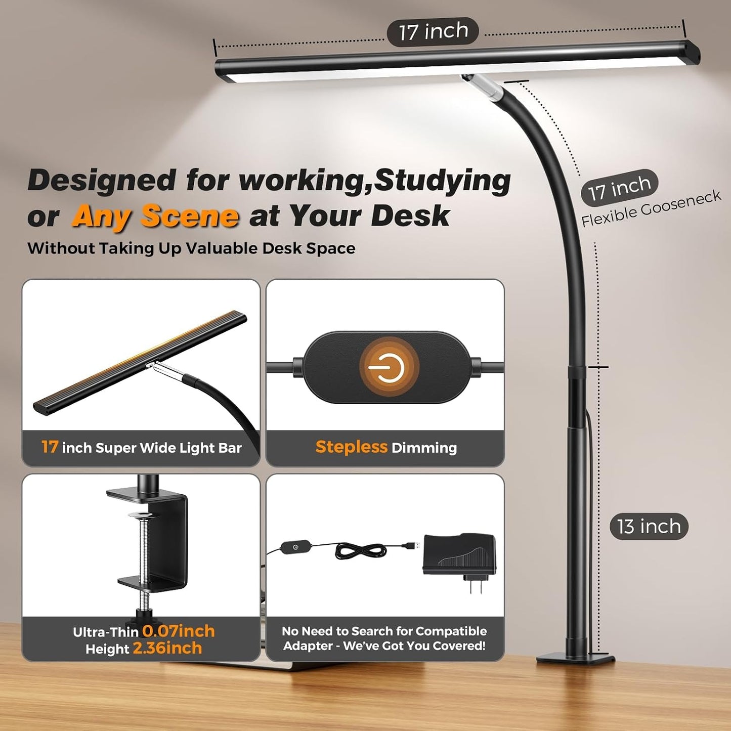 LED Desk Lamp with Clamp – 17" Dimmable, 2700K-6500K, 360° Gooseneck, Flicker-Free