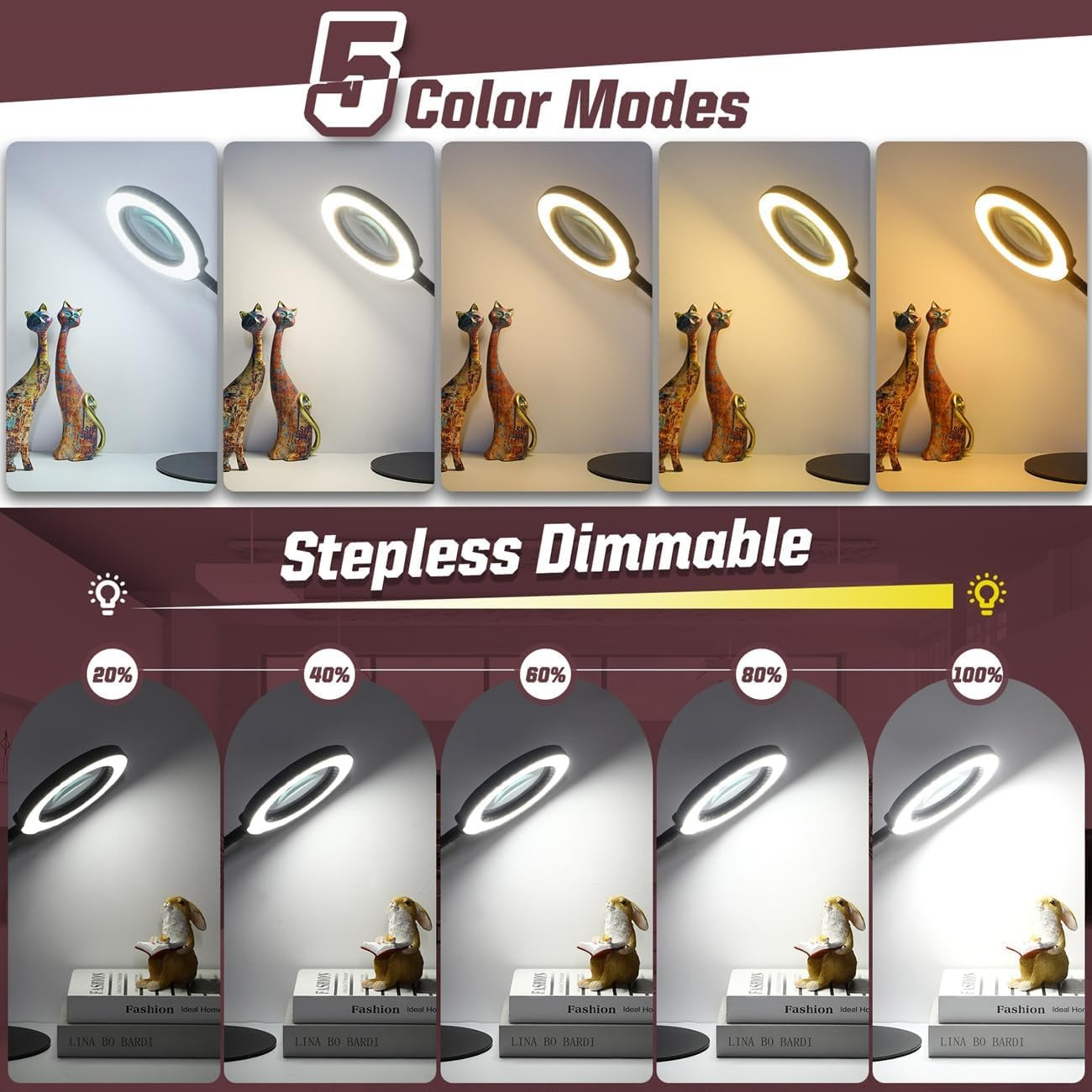 10X Magnifying Glass with Light & Stand – 5 Color Modes, Stepless Dimming, Flexible Gooseneck, Hands-Free