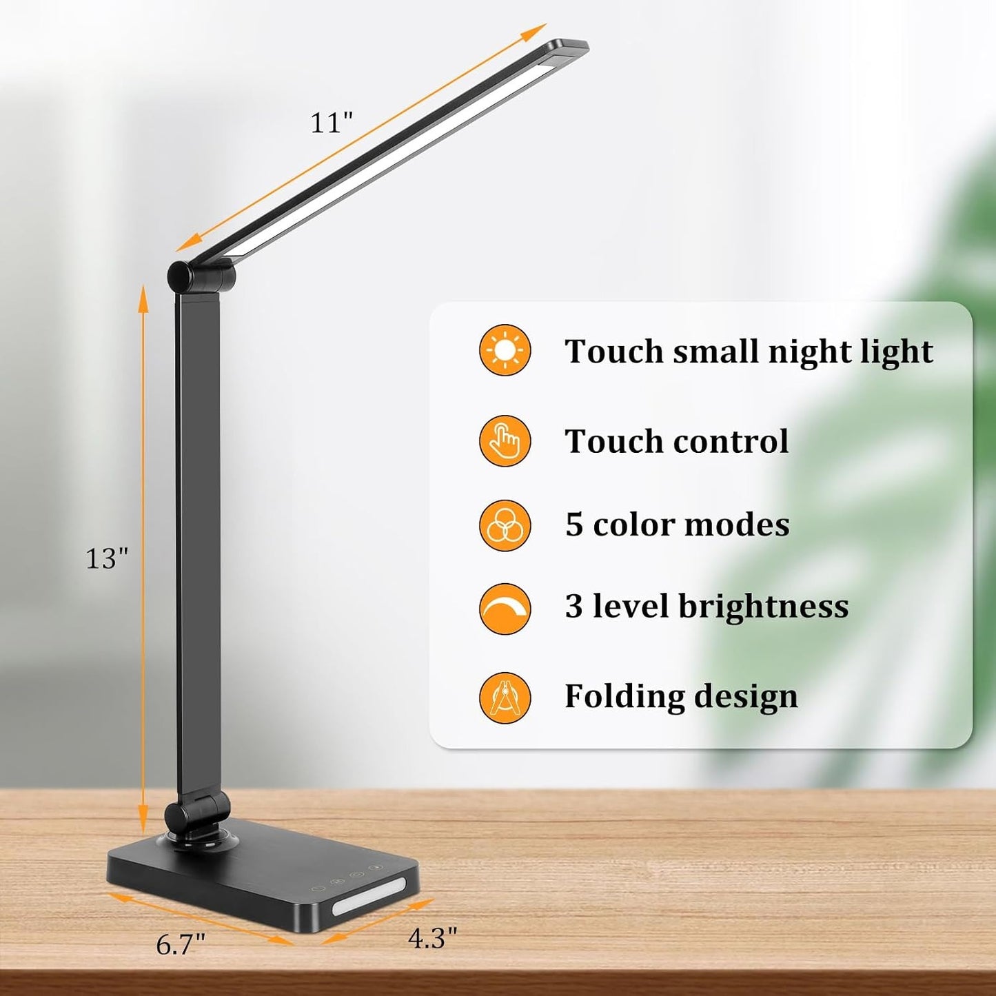 LED Desk Lamp with USB Ports – 5 Modes, 3 Brightness Levels, Touch Control, Night Light