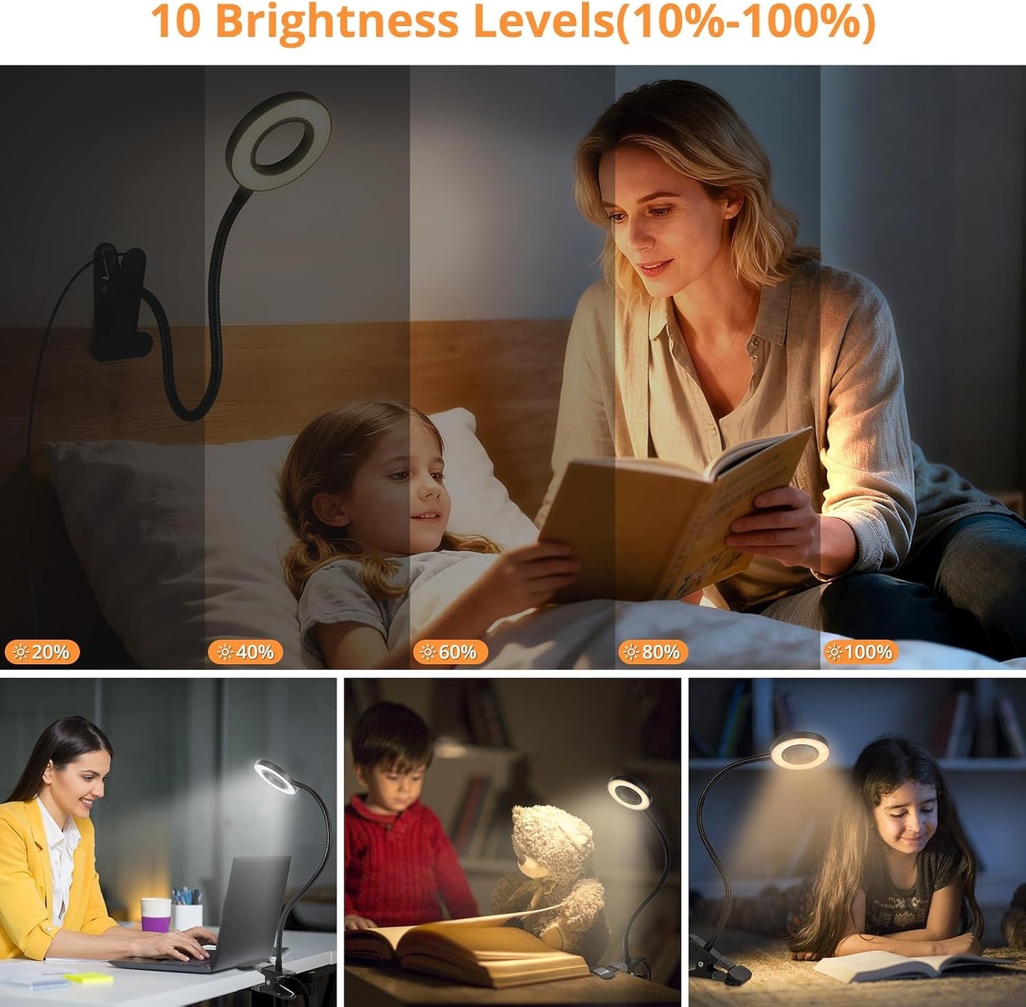 Woputne Clip-On Desk Lamp – 10 Brightness Levels, 3 Modes, Clamp Bedside Light for Reading & Study