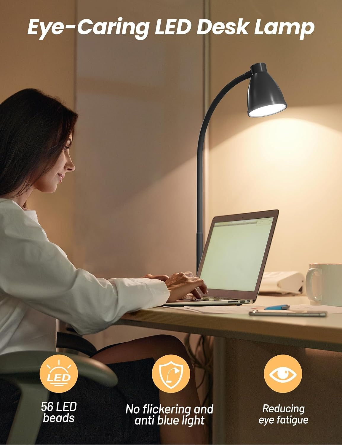 BOHON LED Desk Lamp with USB Charging – 3 Color Modes, Auto Dimming, Flexible Neck, Touch Control
