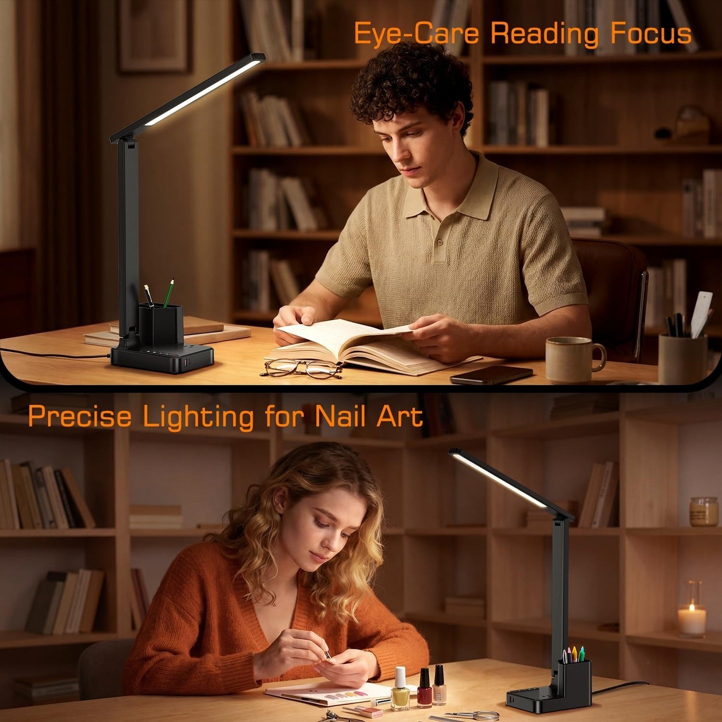 LED Desk Lamp with USB A/C, AC Outlet & Pen Holder – Adjustable, Compact Light for Dorm & Office