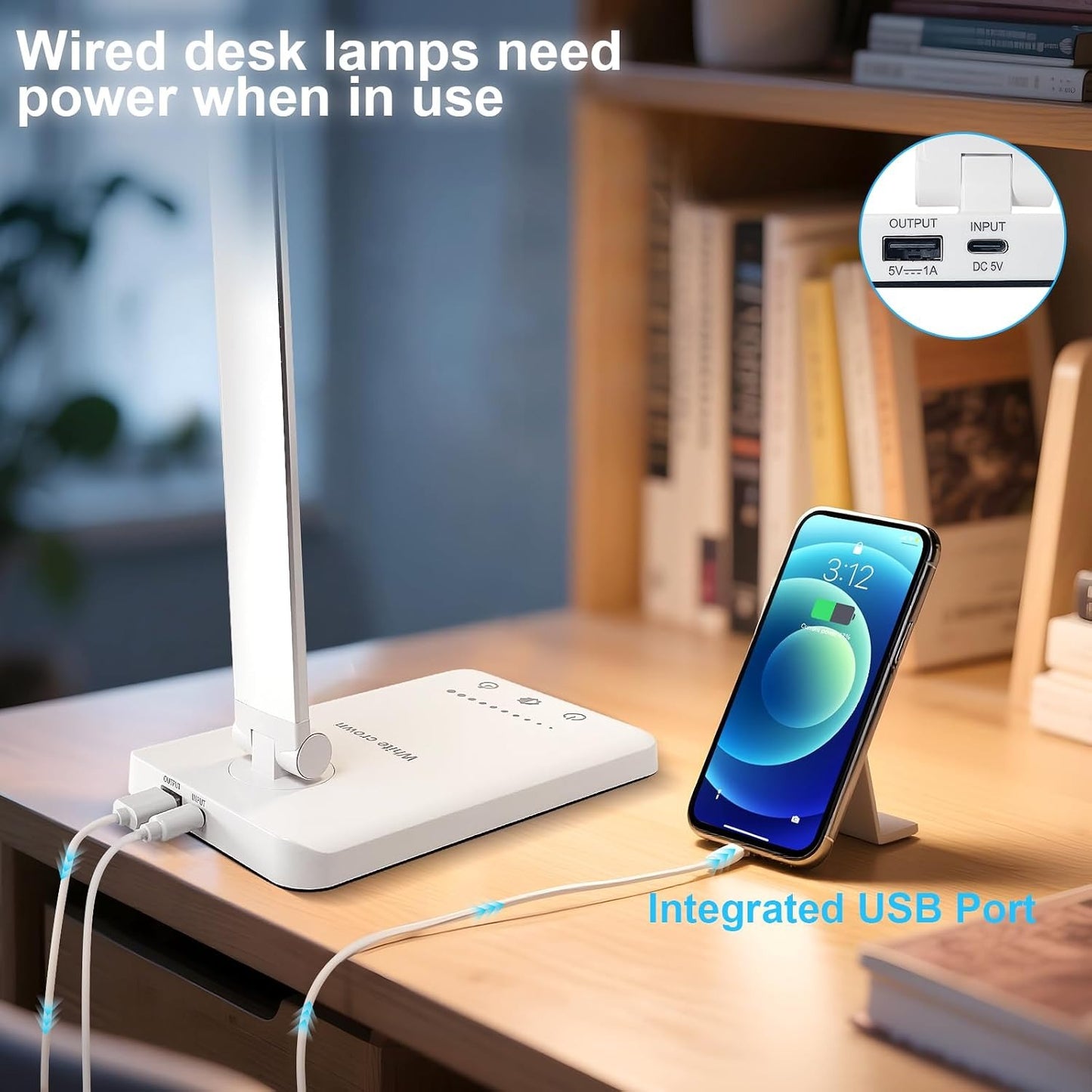 White Crown LED Desk Lamp – Dimmable, USB Charging, 5 Modes, 30/60 Min Timer, Touch Control