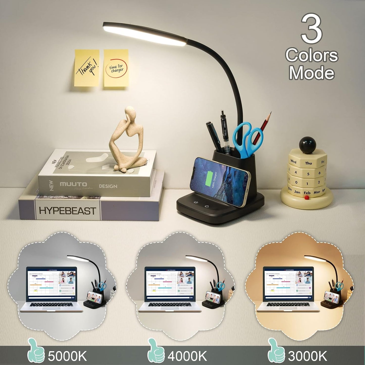 LED Desk Lamp with 10W Wireless Charging & Pen Holder – CRI 95, 800LM, 3 Modes, 360° Arm