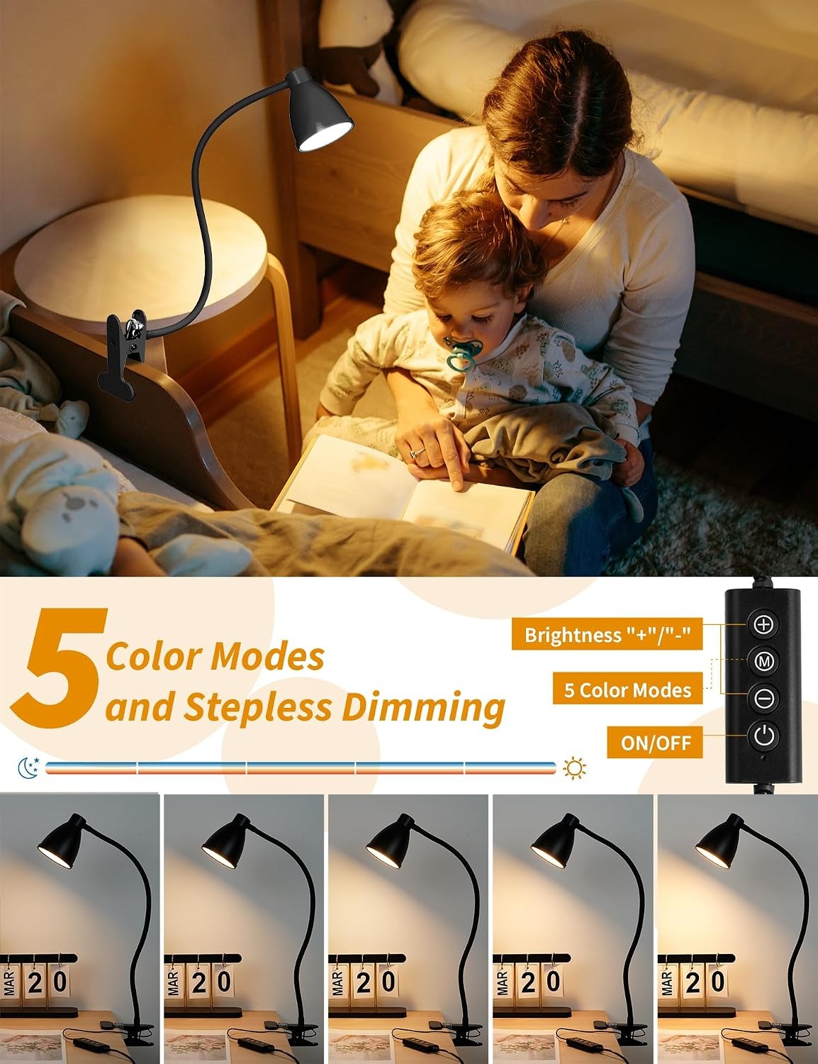 BOHON Clip-On Desk Lamp – 5 Color Modes, 10 Brightness Levels, Auto Timer, 360° Flexible Neck