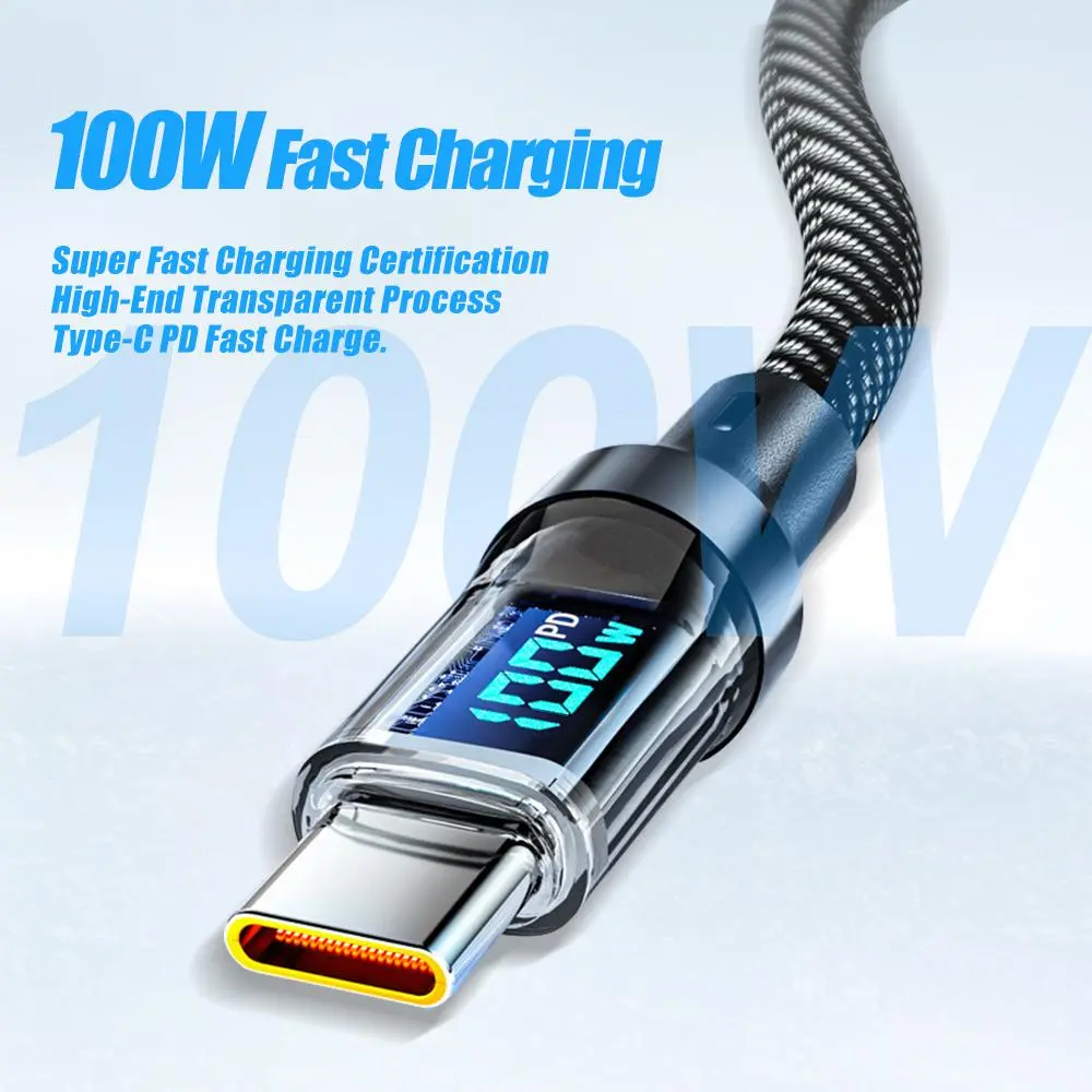 100W PD Fast Charging USB-C Cable | Digital Display, Nylon Braided | iPhone 15 & Android | 1M / 2M