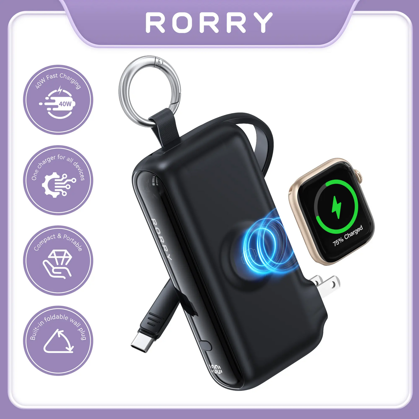 RORRY Flow 3-in-1 Portable Charger 10,000mAh | 40W Fast Charging Power Bank with Built-in USB-C Cable for iPhone 17/16/15, Apple Watch & iPad