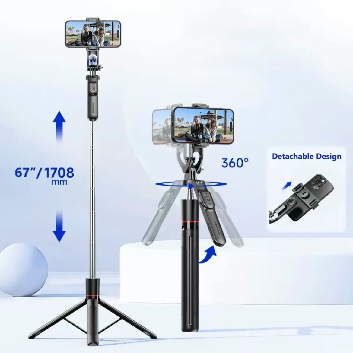 67" Phone Tripod & Selfie Stick | Aluminum, 360° Rotating, Bluetooth Remote | iPhone & Android
