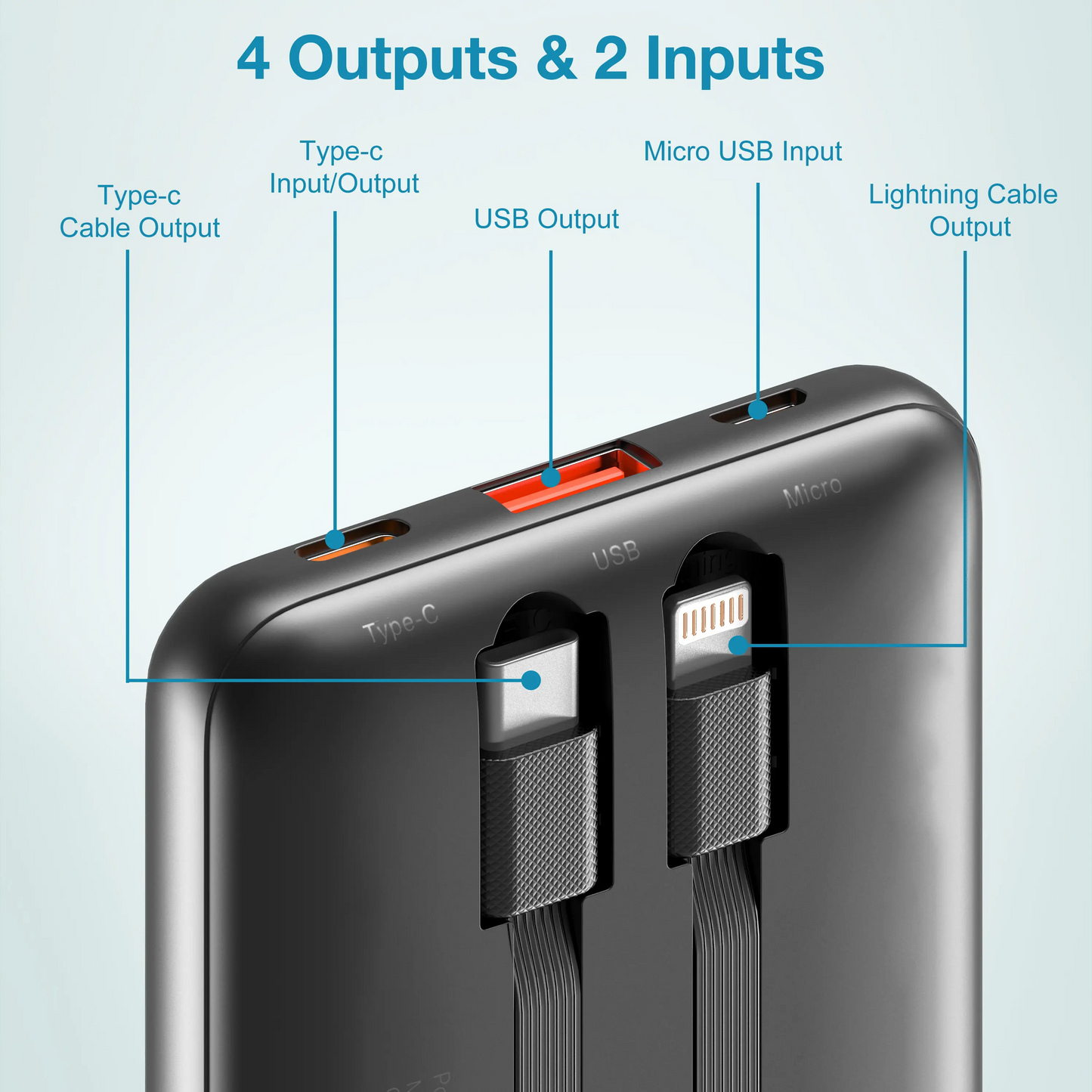 10000mAh Slim Portable Charger | Built-in Lightning & USB-C Cables, 22.5W Fast Charge, 4 Outputs | iPhone & Android