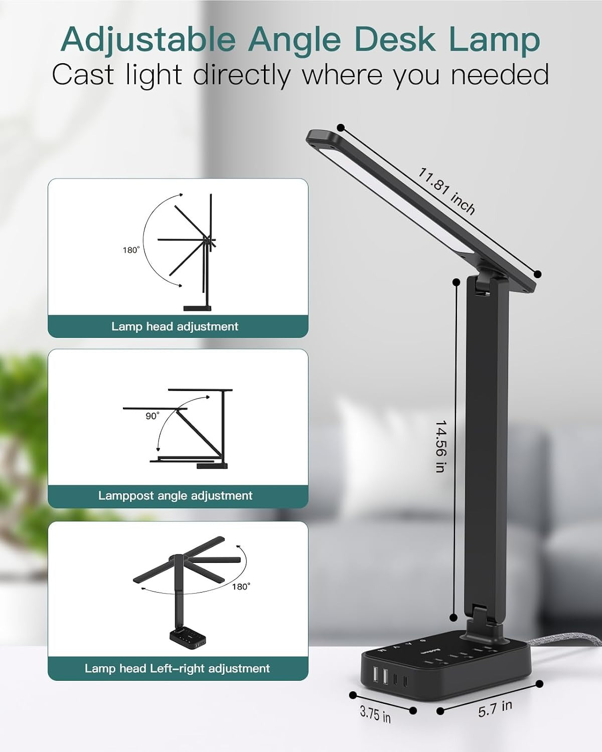 LED Desk Lamp with Power Strip – 3 Outlets, 4 USB Ports, 4 Modes, Touch Dimming