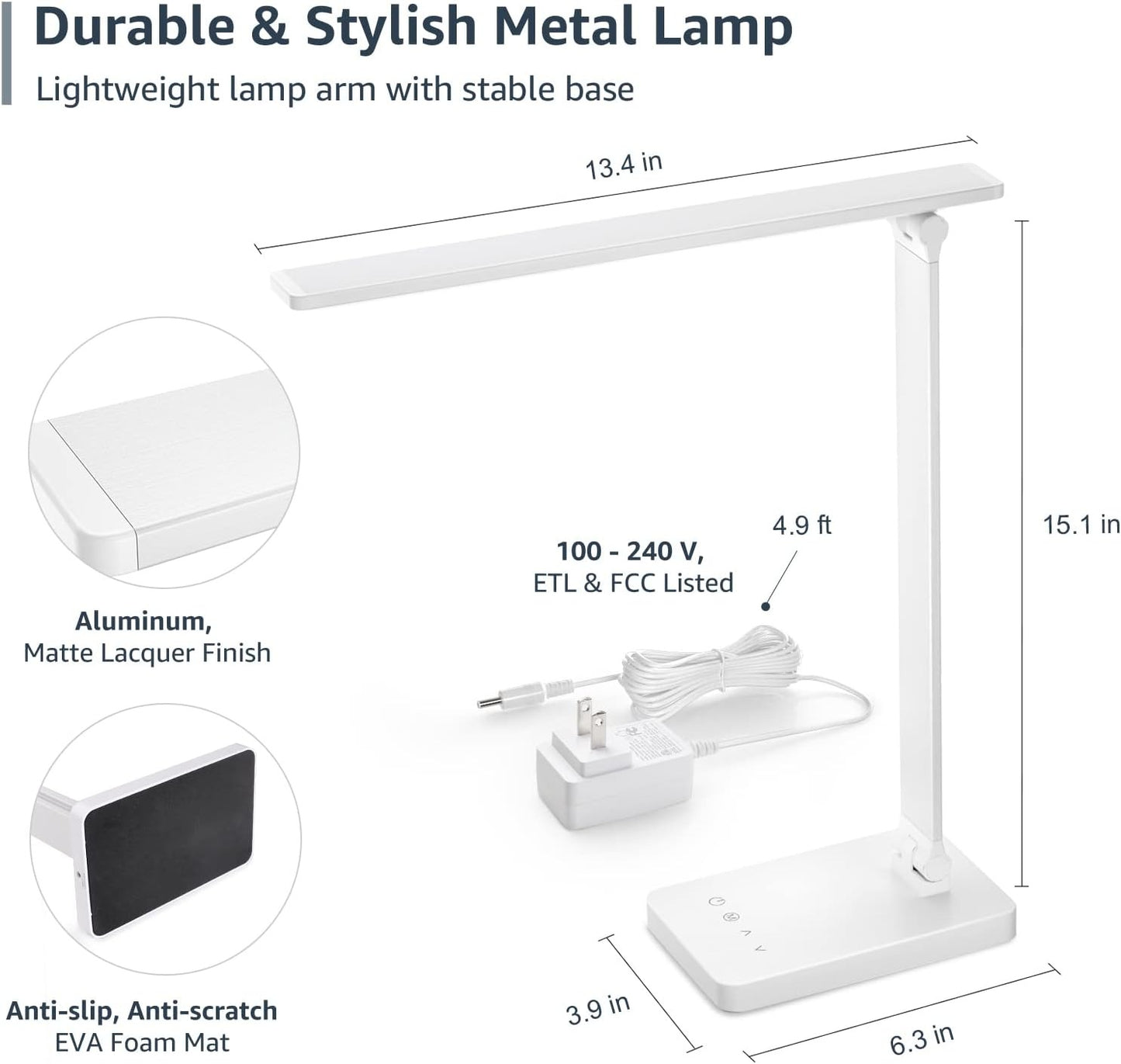 LED Desk Lamp – 9.5W, 800LM, 5 Colors, 5 Brightness Levels, Eye-Care Dimmable Task Light