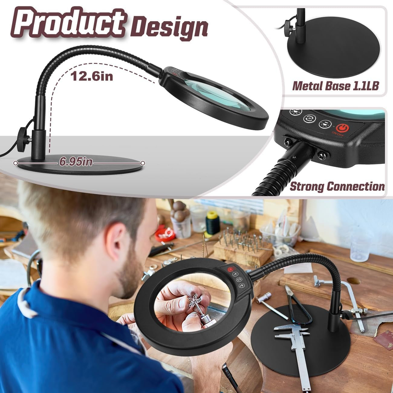 10X Magnifying Glass with Light & Stand – 5 Color Modes, Stepless Dimming, Flexible Gooseneck, Hands-Free