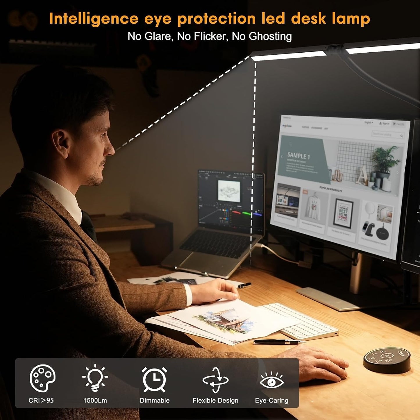 LED Architect Desk Lamp – 24W, 5 Color Modes, Clamp, Dual Screen Light for Office & Study