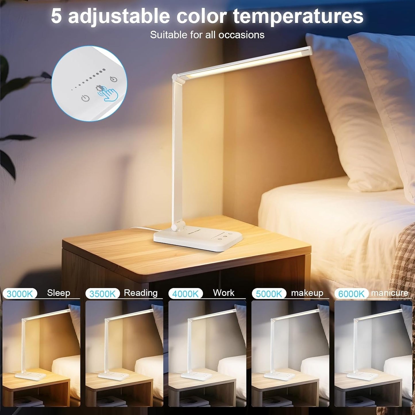 White Crown LED Desk Lamp – Dimmable, USB Charging, 5 Modes, 30/60 Min Timer, Touch Control