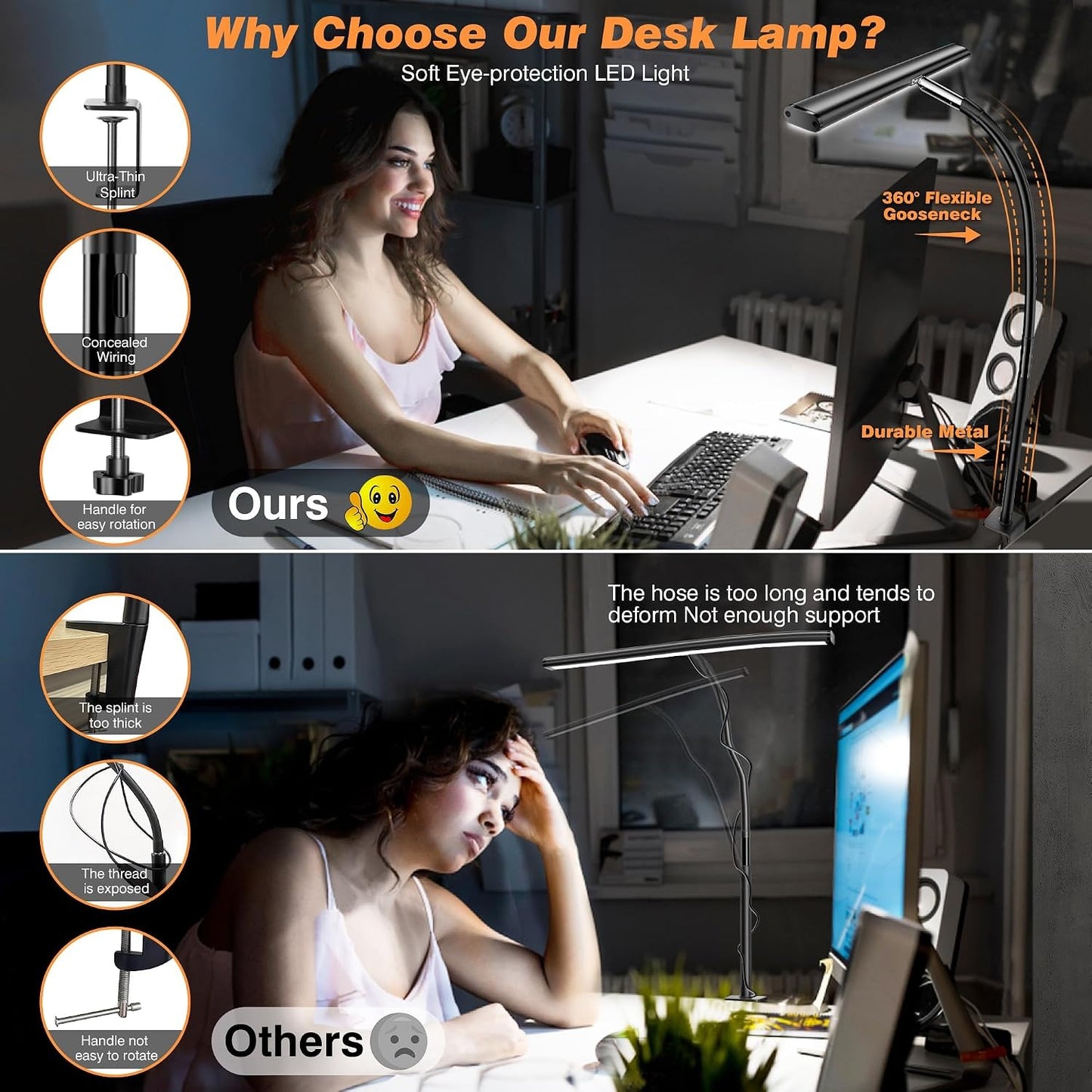 LED Desk Lamp with Clamp – 17" Dimmable, 2700K-6500K, 360° Gooseneck, Flicker-Free