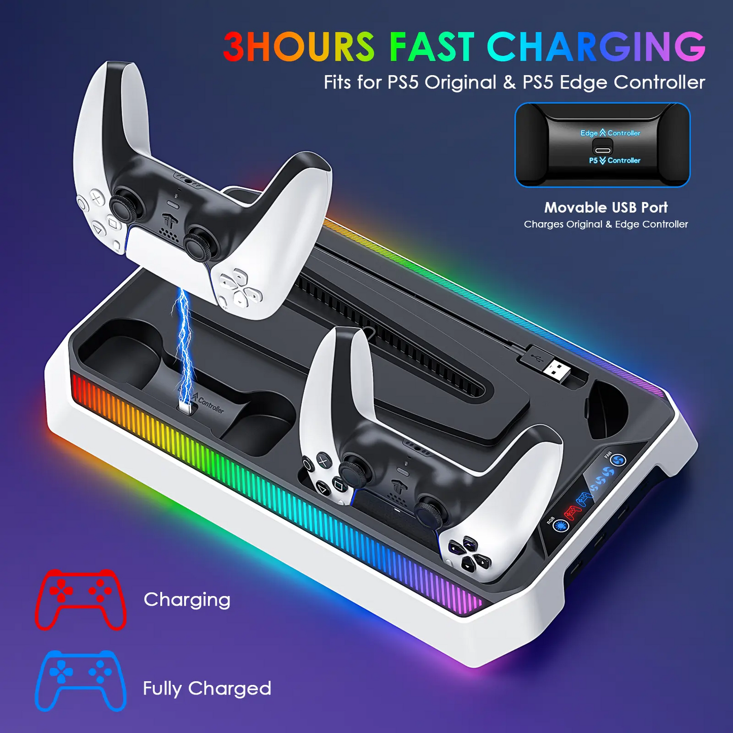 PS5 Cooling Station & Charging Dock | RGB Lights, Dual Controller Charger, USB Hub — Fits PS5 / Slim / Pro
